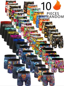 Random Color Men's Graphic Print Boxer Brief, Casual Comfy Breathable Stretch Boxer Shorts for Daily Wear, Boxers for Men, Mens Underwear for All Seasons, Undergarments, Performance Boxer Briefs
