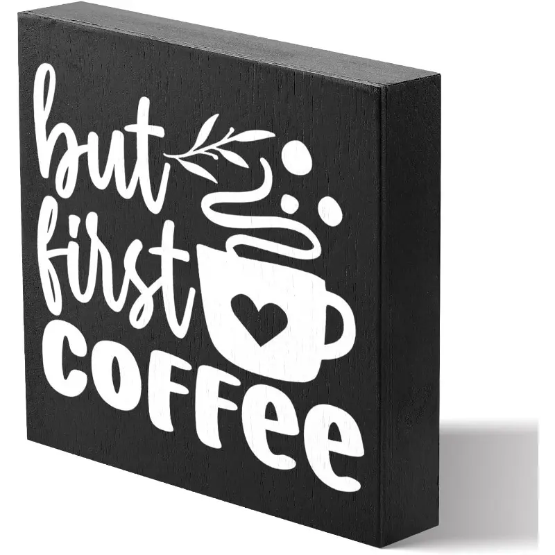 Coffee Bar Decor, But First Coffee Sign, Coffee Bar Sign, Wood Box Sign for Rustic Farmhouse Kitchen Tiered Tray Decor, Coffee Bar Accessories Coffee Station Decor Wood Box Sign For Family Friend 5x5 inch Signage Decorative Plaque, Home Decor Products