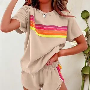 Rainbow Stripe Casual Set | Sporty Short Sleeve Shorts | Oversized Rainbow Stripe Two-Piece Set | Trendy Loose Fit | Color Block Stripe Casual Set | strip accent basic minimalist clothes womenswear suit long winter big brands Summer wear