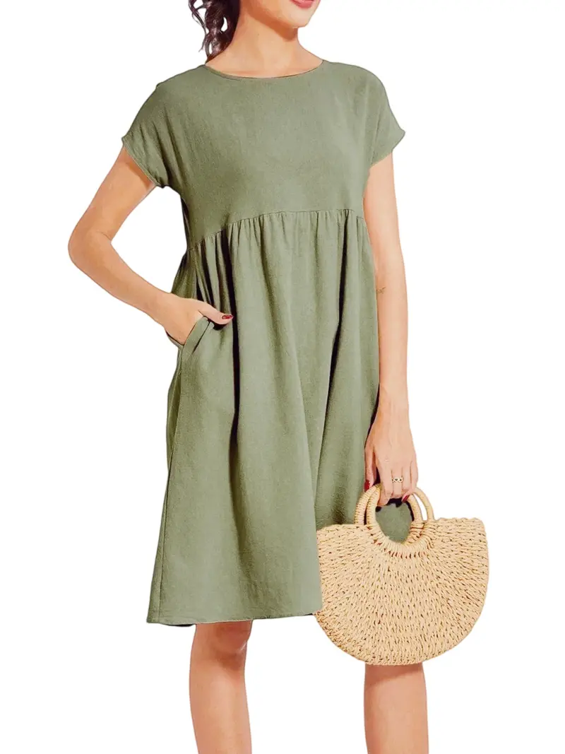 chinese dress ladies The Linen Short-Sleeve Scoop Midi Dress