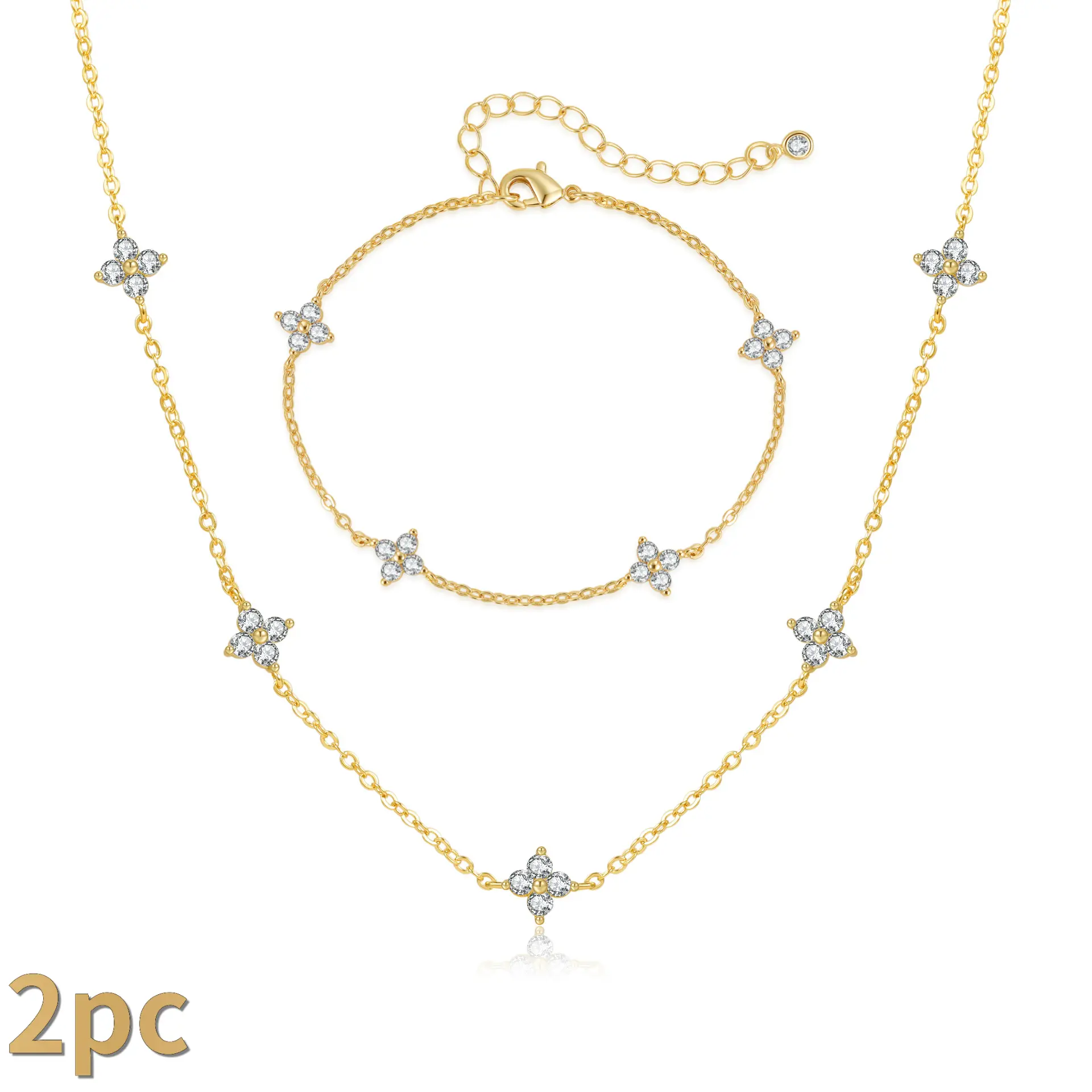 Gold Tone Cubic Zirconia Four Leaf Clover Station Necklace & Bracelet 2PCS Set, Dainty Delicate Jewelry for Women Everyday Wear Gift