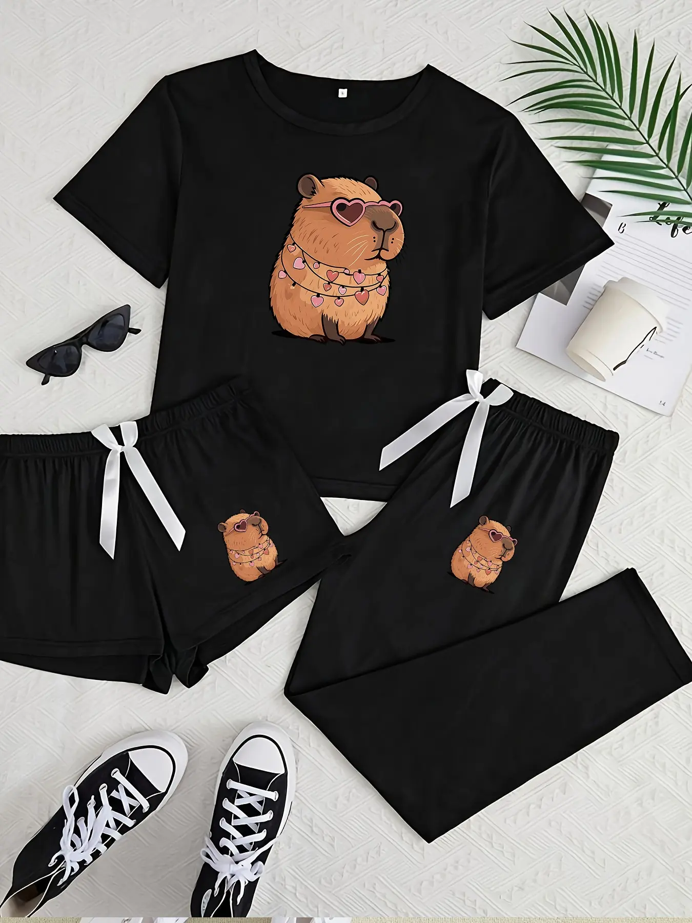 Three-Piece Pajama Set for Women, Heart and Capybara Print, Casual Fitted Sleepwear, Loungewear, All Seasons Comfortable Nightwear, Pyjamas, Pjs, Womenswear, Casual Pajama Sets, Casual Pajamas Outfit