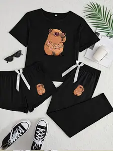 Three-Piece Pajama Set for Women, Heart and Capybara Print, Casual Fitted Sleepwear, All Seasons Comfortable Nightwear