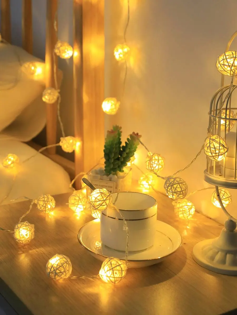 1pc 1.5/3/4.5m Battery Powered Rattan Ball String Lights, Modern Ball Design, Suitable For Home Decor, Bedroom Headboard Decor, Living Room Wall Decor, Kids Room Decoration, Warm White Wicker Globe Lights, Camping Tent Decor String Light