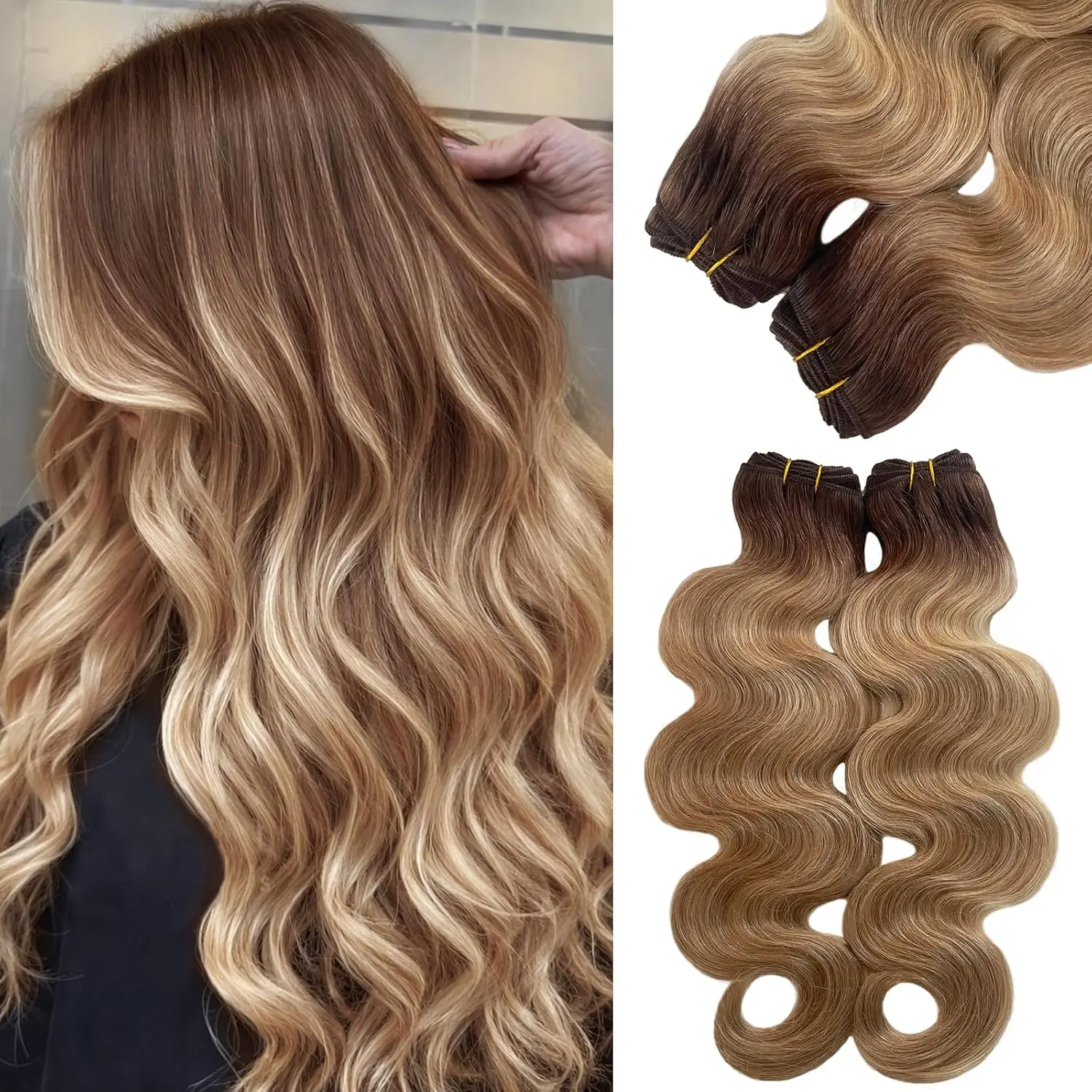Body Wave Sew in Hair Extensions Real Human Hair, Curly Wavy Balayage Weft Hair Extensions Dark Brown Highlighted Blonde Human Hair Extensions Weft Remy Hair Full Head 16 Inch 100 Grams