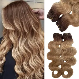 Body Wave Sew in Hair Extensions Real Human Hair, Curly Wavy Balayage Weft Hair Extensions Dark Brown Highlighted Blonde Human Hair Extensions Weft Remy Hair Full Head 16 Inch 100 Grams