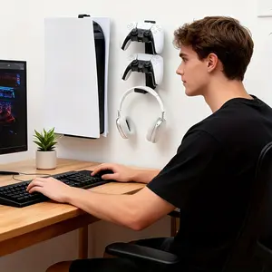 PS5 Wall Mount Kit, Wall Mount Organizer, Metal Wall Bracket with Anti Slip Rubber Pads and Storage Hooks, Space Saving Wall Mount Compatible with PS5 Pro, Slim and Original Models, Console Holder for Gaming Room and Home Entertainment Setup