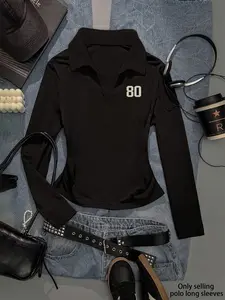Gothic Style Aesthetic Women's Polo Neck Long Sleeve Slim Fit Top, Shirts, Womenswear, Geometric Print, Y2K Fashion, Fall & Winter Casual Wear