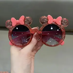 Girls' Circular Fashion Sunglasses - Sweet Bow Design, UV Protection, Starry Sky Pattern, Colorful Glitter Details, Ideal Gift for Girls, Circular Women's Sunglasses