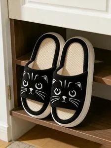 and Cat Embroidered Home Slippers, Waffle Linen Breathable, Cool and Simple Daily Thick Sole Sandals, Comfortable Indoor Footwear