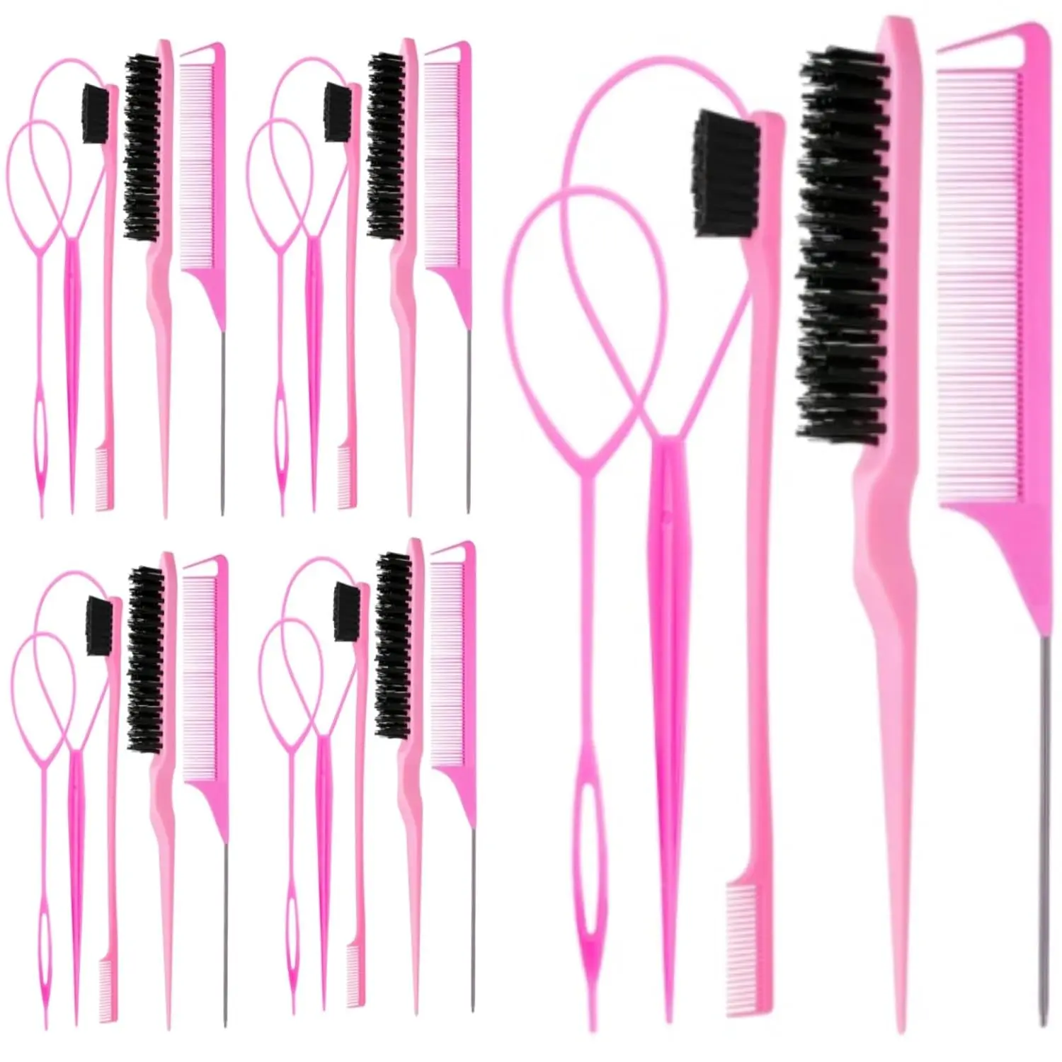 25Pcs Hair Styling Combs Set Include 10 Pcs Topsy Hair Tail Tools 5pcs Rat Tail Comb,5 Bristle Teasing Slick Back hair Brush,5 Edge Control Brush,Eyebrow Brush for Woman Girl Pink