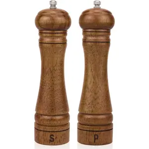 Wood Salt and Pepper Mill Set - Adjustable Ceramic Grinders, Oak Wood Shakers for Kitchen, 8 Inches, Pack of 2