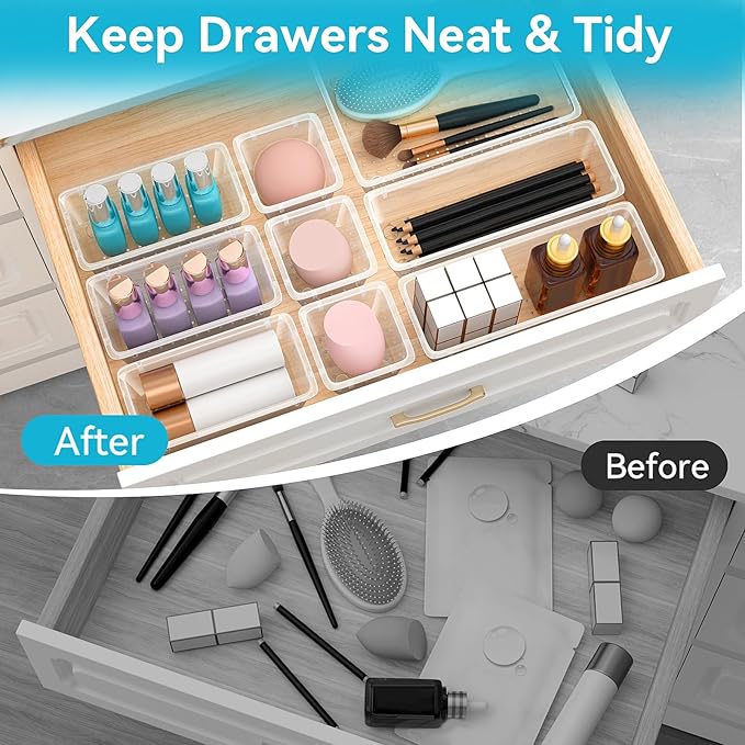 12‑Piece Drawer Organizer Set Clear Plastic Storage Trays for Makeup Desk & Bathroom 4 Sizes Modular Dividers for Vanity Office Supplies Jewelry Tools & Gadgets