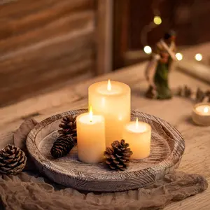 Candle Plate Holder Tray: Round Wood Decorative Candle Plate - Rustic Farmhouse CoffeeTable Decor - Tealight Pillar Trays for Home Decor (Whitewash)