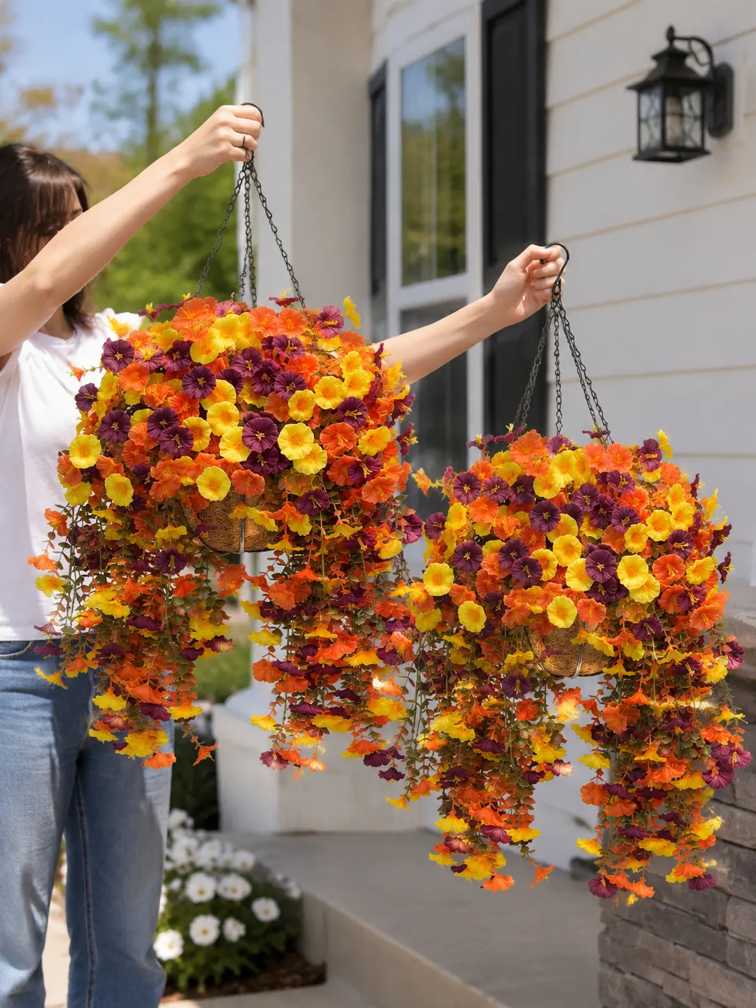 2Pcs UV Resistant Artificial Outdoor Hanging Planters Trailing Morning Glory Hanging Flower Baskets No Maintenance Autumn Home Decor for Porch, Patio, Indoor/Outdoor Ornaments