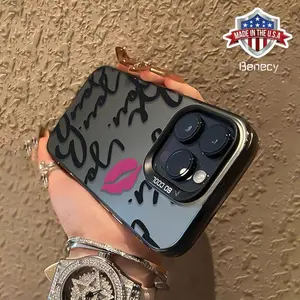 Lip Print Pattern Phone Case, Shockproof Phone Protective Cover, Phone Accessory Compatible with iPhone 11 12 13 14 15 16 Pro Max, Protector Protection Casing Black