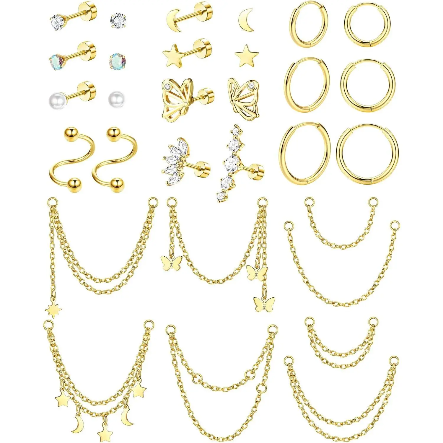 ZELORES Women's Gold Cartilage Earring Set, 20G Stainless Steel Adjustable Jewelry with Flat Back Earrings, Huggie Hoops, Chain & Butterfly Charms, Earring Stack for Helix Pierced Ring, Ear Gauges, Birthday, Gauge Earrings