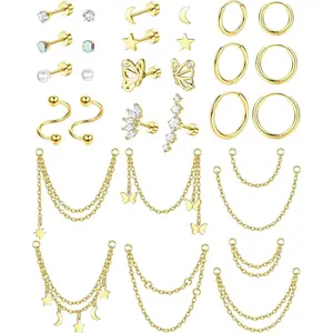 Zelores 20G Cartilage Earrings Set for Women Men Stainless Steel Small Huggie Hoop Earring Flatback Star Moon Butterfly CZ Cartilage Stud Earrings Chain Dangle Cartilage Helix Tragus Piercing Jewelry