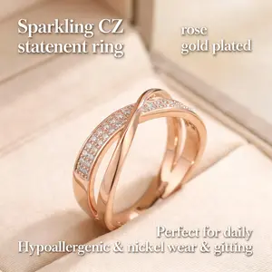 Rose Gold X Crossover Ring for Women – Cubic zirconia pavé crystal band set – Trendy crisscross statement ring – Delicate stackable engagement promise ring – Luxury fashion jewelry gift bracelet men money daughter necklace accessories men's italian name