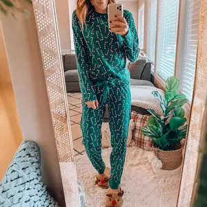 Green Christmas Candy Cane Printed Top & Pants Lounge Set