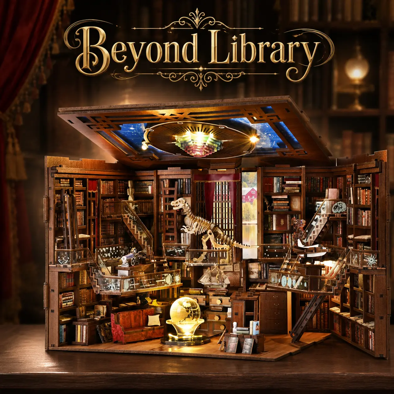 Beyond Library Max - Detailed Miniature Bookshelf with Dinosaur Model and Decorative Elements for Collectors,diy miniature house kit,booknook kit
