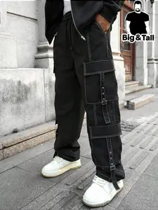 Large Size Men's Solid Color Straight Leg Cargo Pants, Multi-Pocket Design, Comfortable Fit, Suitable for All Seasons, Outdoor Activities