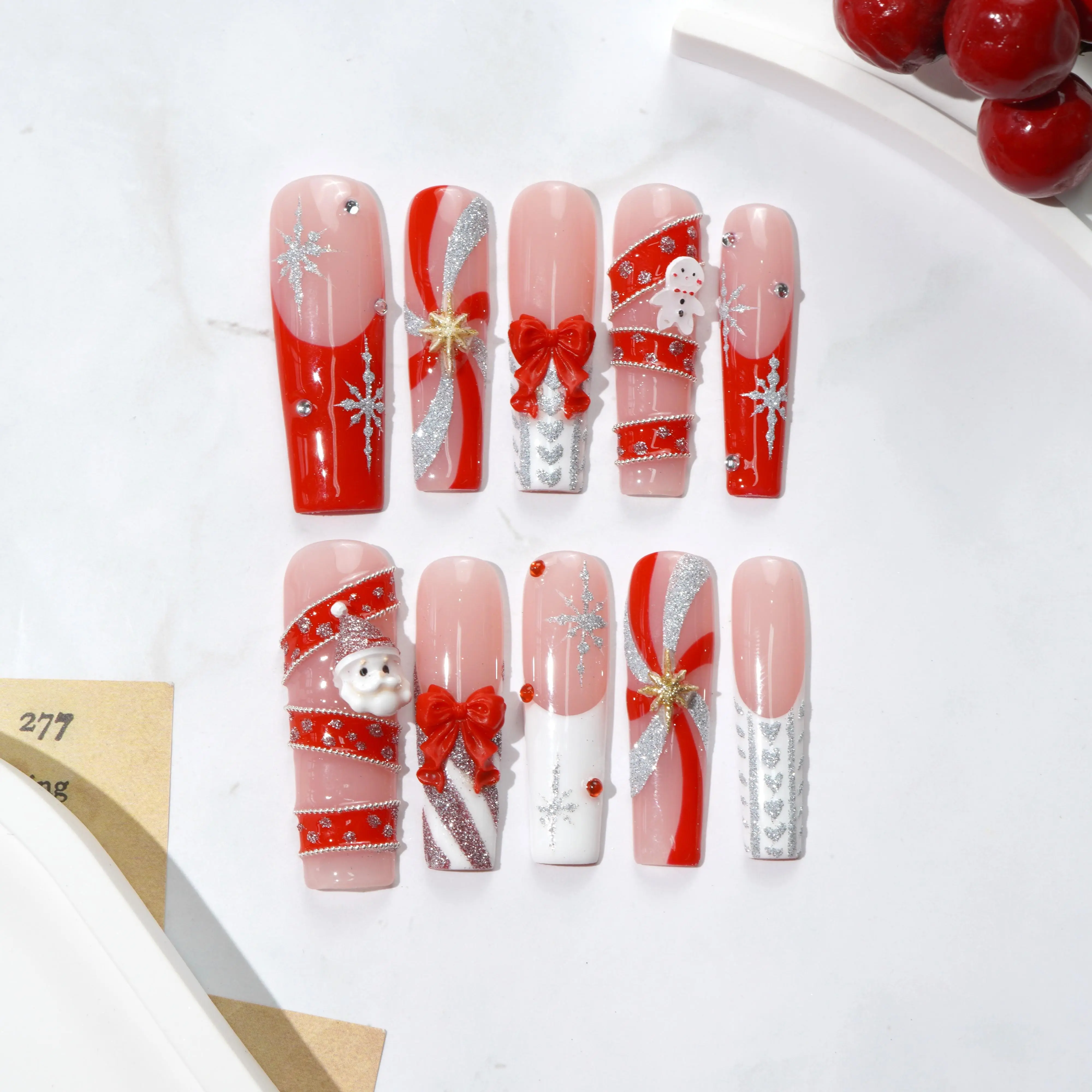 [BUY 2 GET 1 FREE] Long Christmas Press On Nails, Red White Glitter Design with Bows and Snowflakes, Holiday Candy Swirl Nail Art, Reusable Gift Set