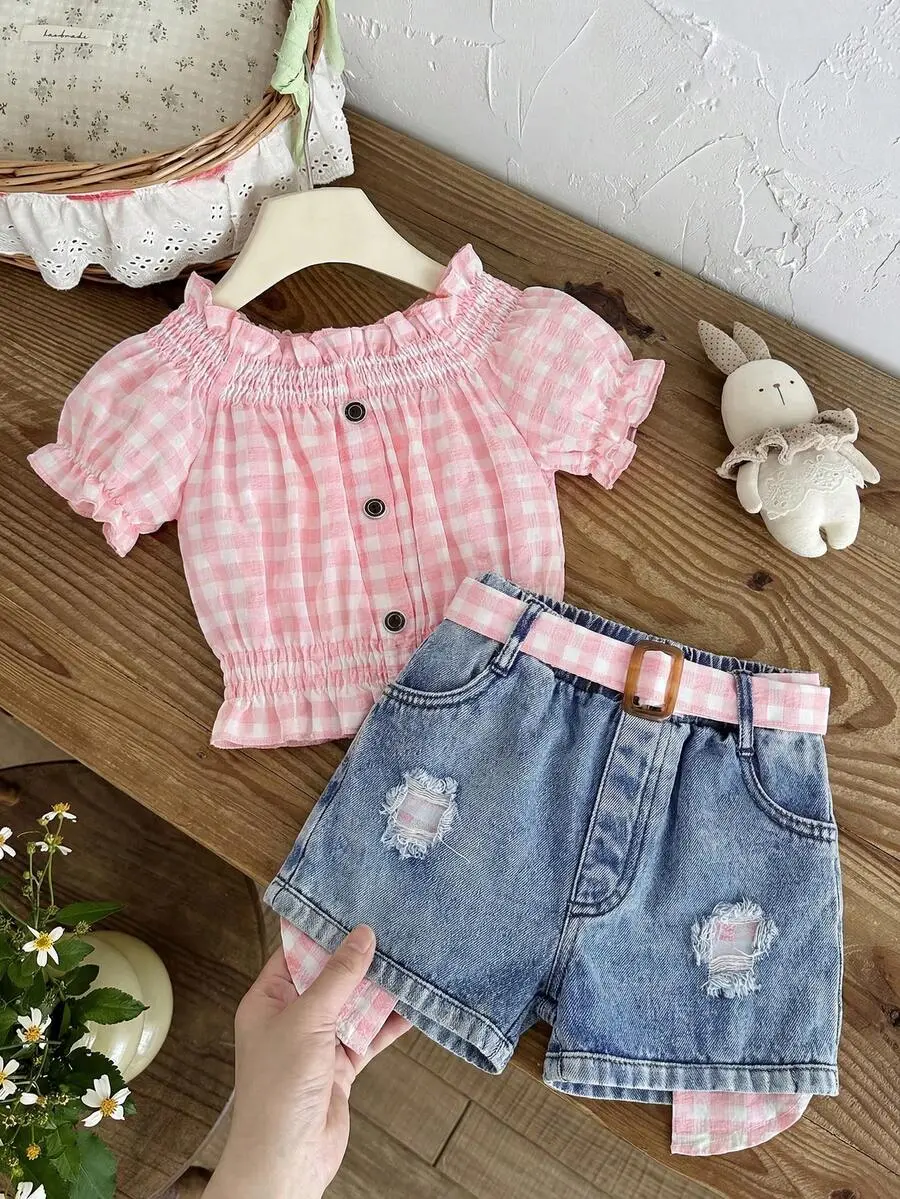 Young Girl Plaid Puff Sleeve Top And Ripped Denim Shorts Set, School, Campus, College