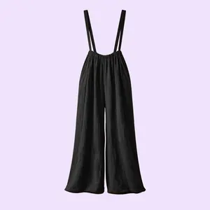 Women's Casual The Haven Solid Color Cotton Black Wide-Leg Loose Jumpsuit with Adjustable Straps, Black Jumpsuit, Cotton Jumpsuit