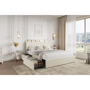 Full Size Upholstered Bed Frame with Storage Headboard, Boucle Kids Platform Bed Frame with Bookcase and 2 Underbed Drawers, Noise-Free Design, No Box Spring Needed, Easy Assembly