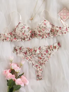 Sweet Floral Lace Bra Set, Sexy Mesh Panties, Cute Lace bralette, Low Waist Underwear, Women's Comfortable Lingerie, All Seasons, Underwear Sets