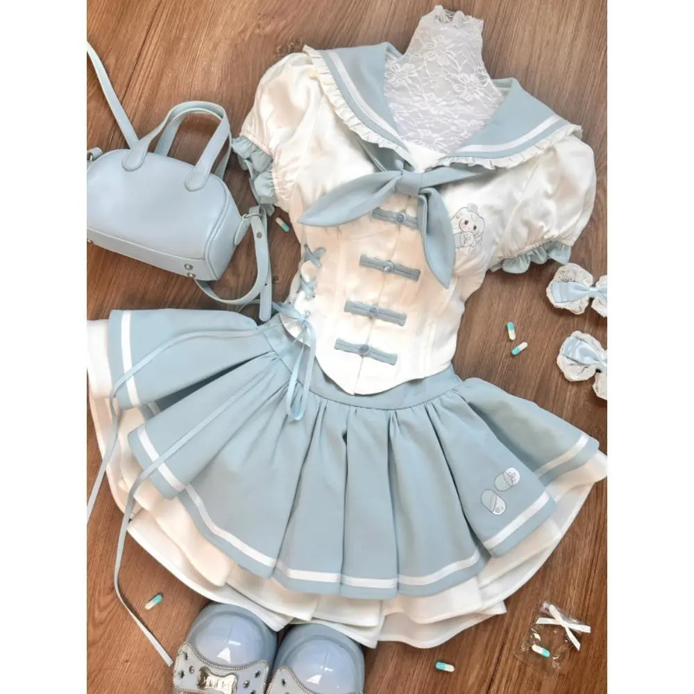 2025 Sweet Preppy Style 3 piece Sets Women Kawaii Cute Long Sleeve Bow Lace Up Tops Female + High Waist Thin Ruffle Skirt Suit