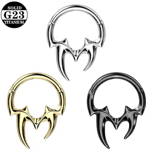 G23 Titanium Spike Moon Septum Clicker Ring, 16G Surgical Steel Nose Ring for Septum, Daith, Tragus, Helix Piercing Jewelry, Gothic Vampire Fangs Design