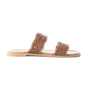 Myra Santa Fe Daisy Leather Sandals for Women - Handtooled Slides with Intricate Floral Design for Summer Comfort
