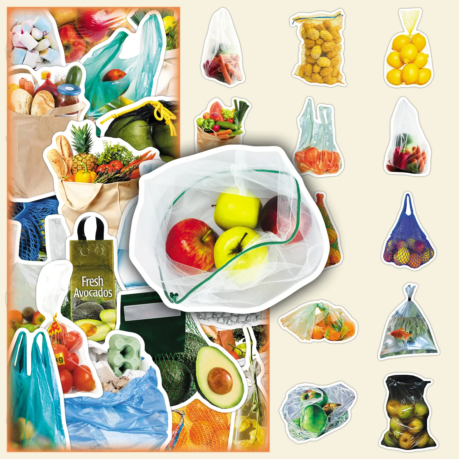 Direct translation of "100 Sheets, 2 Repeating Sets, Bagged Food-Themed Creative Vegetable Fruit Decorative DIY Fridge & Phone Stickers
