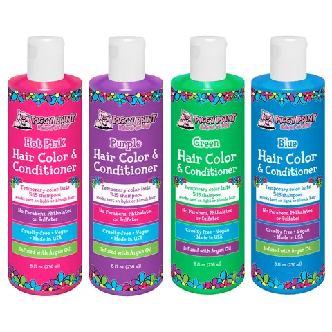 Piggy Paint Hair Color + Conditioner 4-Pack Bundle - Pink,Violet,Blue,Green Shades with Argan Oil,Scent,Conditioner - Instant Color,Shine,Easy Apply & Rinse (Lasts 5-15 Shampoos)