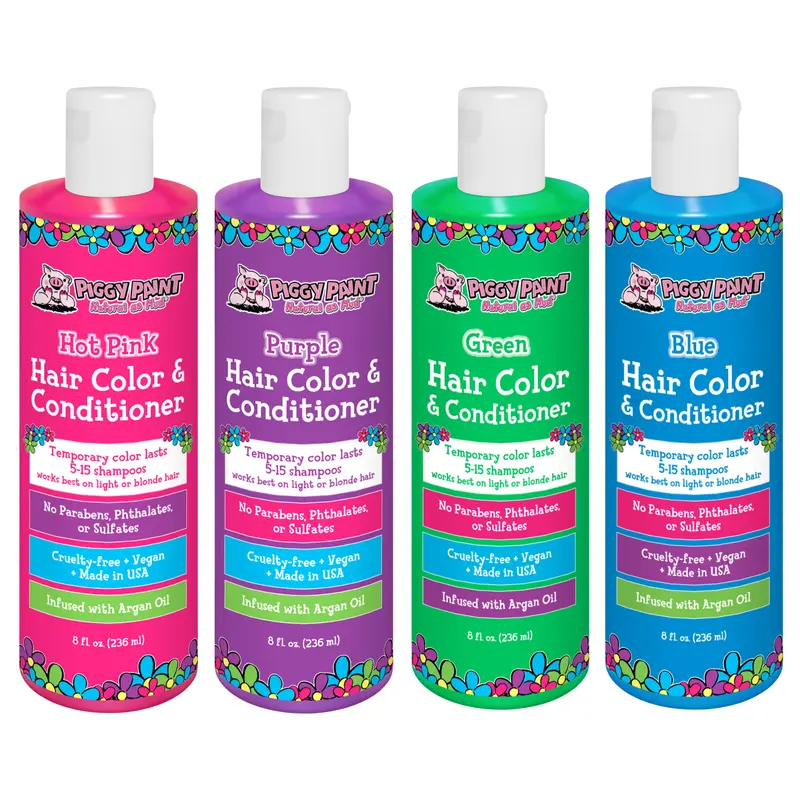 Piggy Paint Hair Color + Conditioner 4-Pack Bundle - Pink,Violet,Blue,Green Shades with Argan Oil,Scent,Conditioner - Instant Color,Shine,Easy Apply & Rinse (Lasts 5-15 Shampoos)