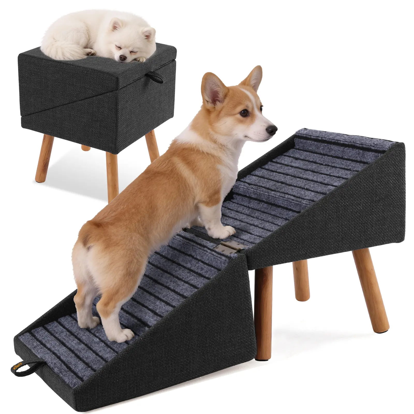 17" Dog Ramp Stairs Ottoman for Couch, 2-in-1 Pet Steps for French Bulldogs & Small Dogs, Helps Reduce Jumping Impact, Great for Senior, Injured Dogs & Dachshunds