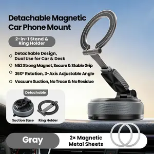 Detachable Ring Magnetic Bracket, 360° Triple Axis Car Phone Mount, N52 Strong Magnet Holder for Vehicle & Home Desktop Use, 2 Metal Plates