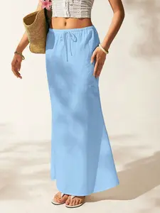 A women's light blue linen-textured high-waist drawstring straight Maxi skirt, Chic elegant skirt, with a fresh, relaxed style, suitable for casual settings that prioritize comfort, such as seaside vacations, summer markets