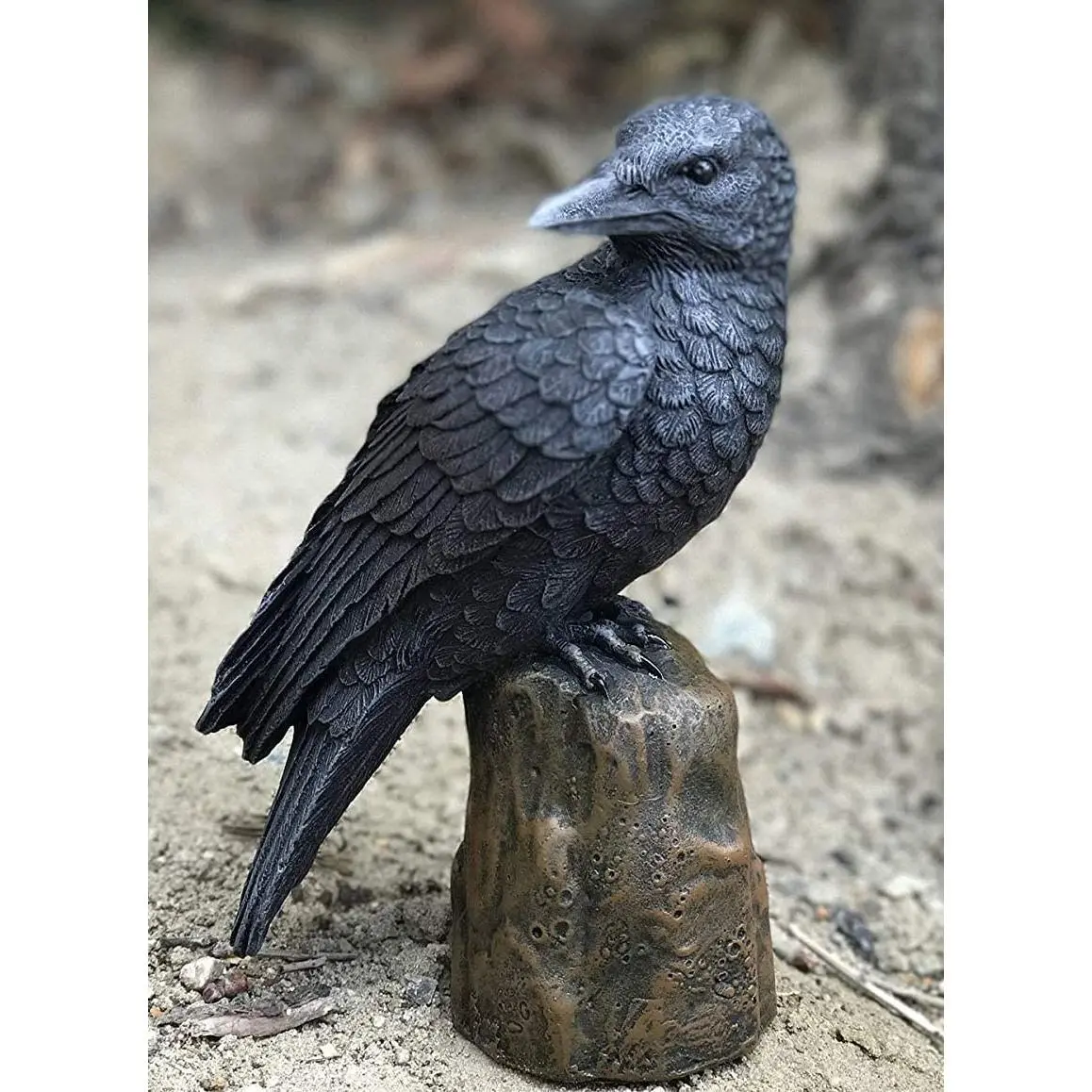 Ebros Dark Raven Crow Scavenger Bird Perching On Tree Stump Figurine 6"H
