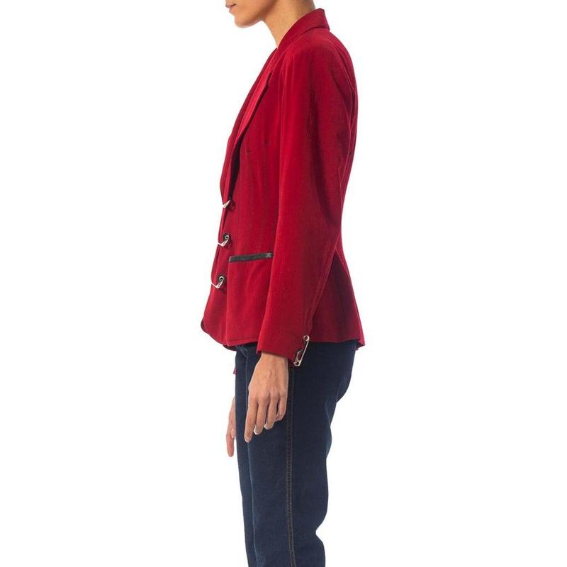 1980S JEAN PAUL GAULTIER Red Wool Very Rare Jacket With Leather And Oversized Safety Pin Details