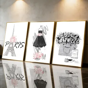3Pcs Aluminum Alloy Framed Painting, Paris Fashion Dress Perfume Flowers Picture, Home Decoration For Living Room, Bedroom, Office, Restaurant, Hallway Wall Decor, Odorless Print Artwork, Luxury Perfect Gift For Friends And Family