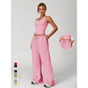Women’s fashionable wide-leg pants set, comfortable and loose casual sportswear, elastic waistband, suitable for spring and autumn