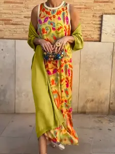 Elegant Women's Floral Print Round Neck Dress Set with Cape Long Skirt, Casual Name Brand Two-Piece for Daily Wear