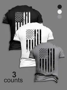 Men's Street Style Fashion Three-Piece Set, Flag Print Short Sleeve T-Shirts, Loose-Fitting, Perfect for Outdoors and Leisure