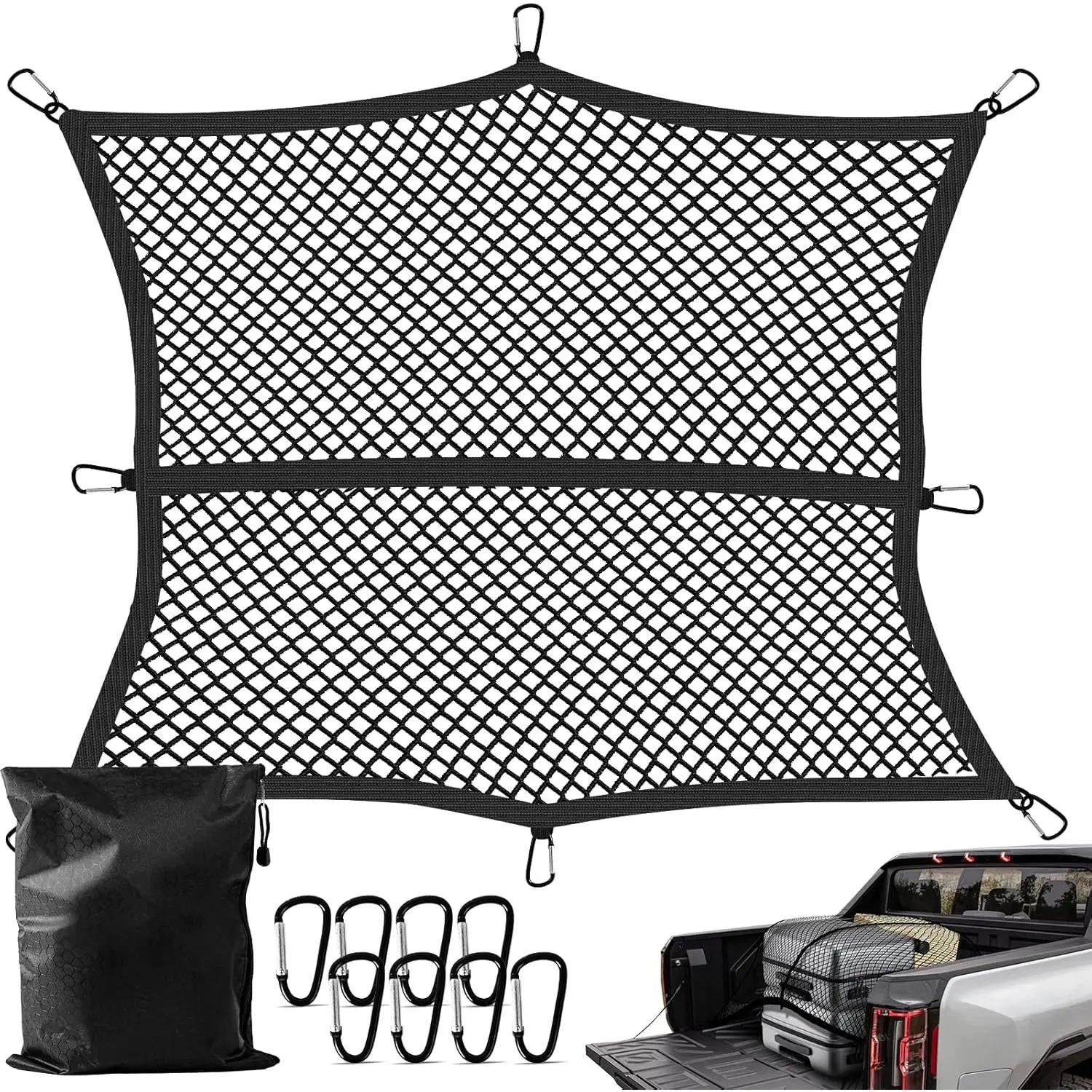 Truck Bed Cargo Net, Stretchable from 4'x4' to 7'x7',High Elastic Cargo Net with Storage Bag and 8 rustproof Buckles, Ideal for ATV, SUV, UTV, Truck and Boat Use, Black