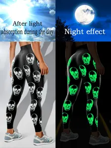 Women's Halloween Skull Print High Waist Yoga Pants, Elastic Comfortable Casual Leggings, Polyester Elastane Blend, Gym Workout Leggings