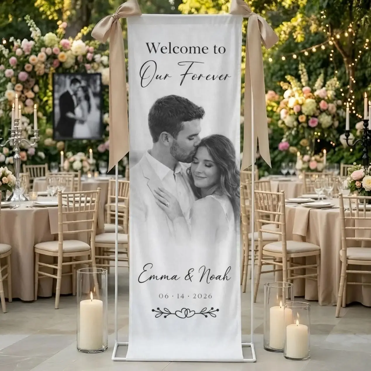 Personalized Microfiber Wedding Welcome Sign, Custom Photo Banner, Couple Portrait Decor