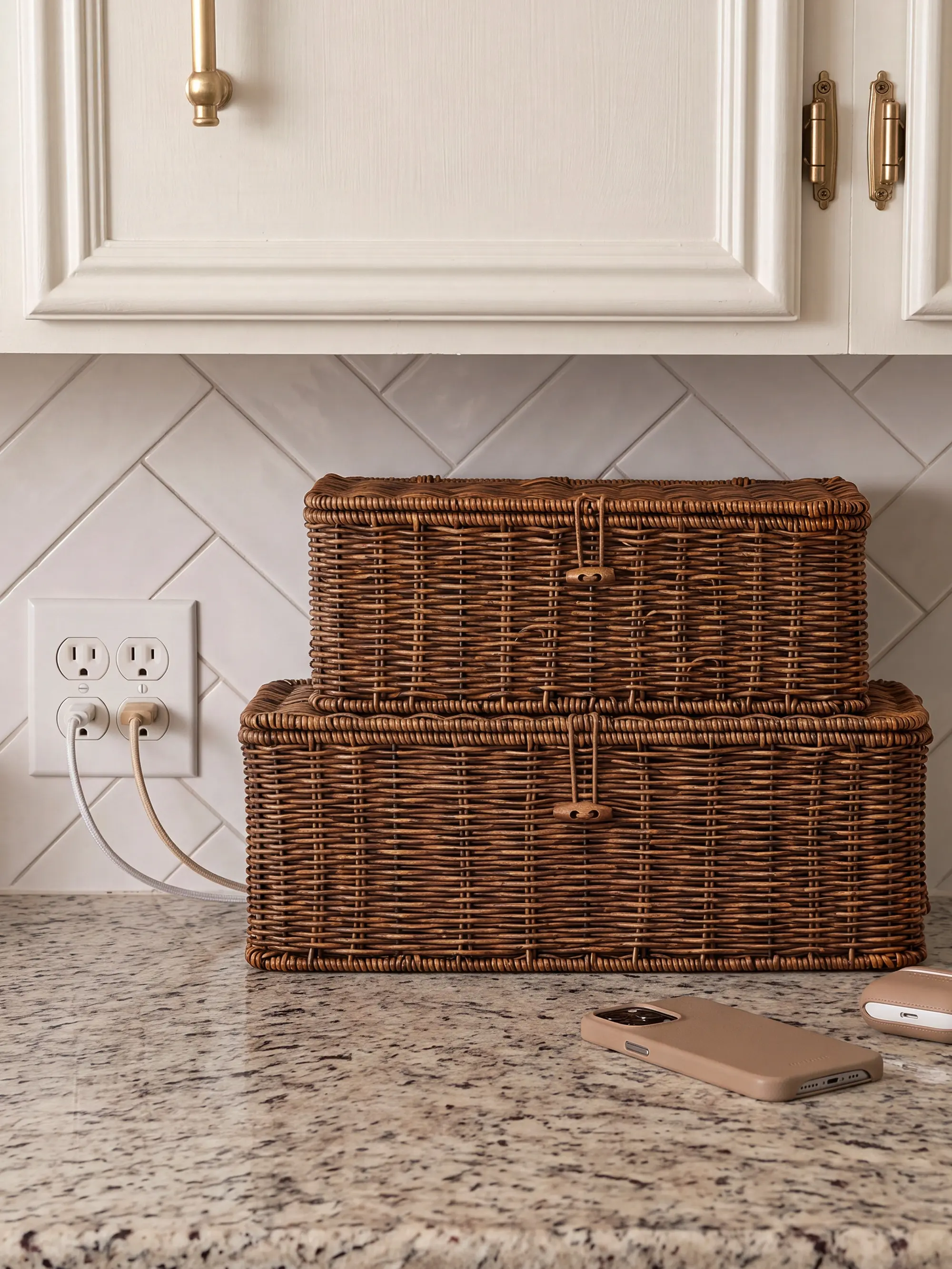 BROWNLILY Rattan Cable Management Box and Wicker Cord Organizer, Toilet Tank Top Shelf Rattan Decor Cable Hider for Under Desk, TV & Home Office Storage, with Lockable Lid, Baby Proof, Pet Proof, Power Strip & Outlet Cover